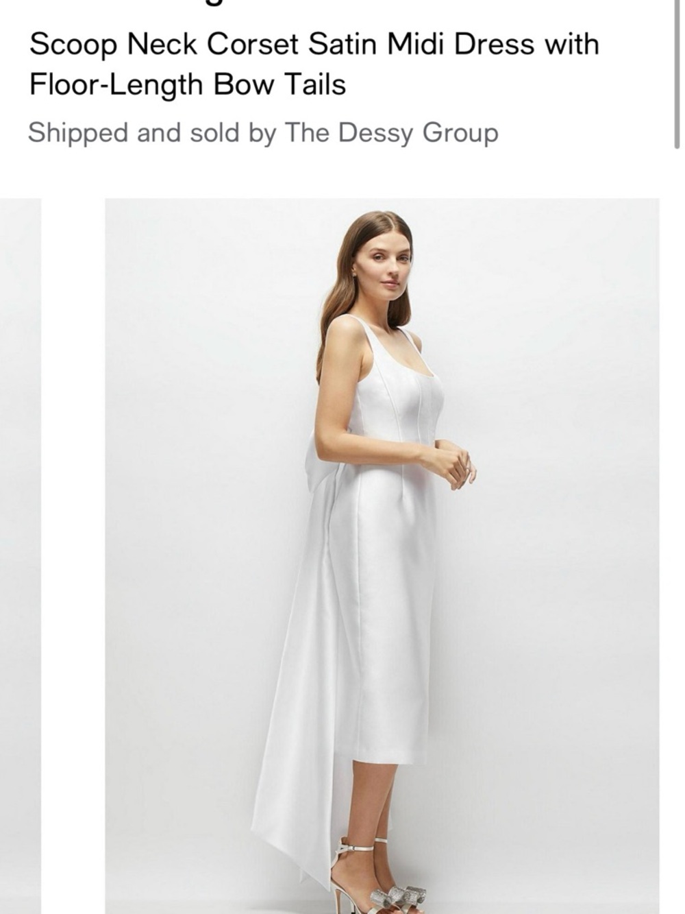NWT Scoop Neck Satin Midi Dress with Bow Tails - White